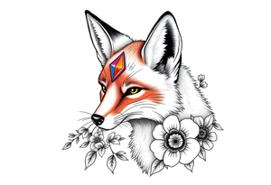 adult fox with mystical blue jewel on forehead smelling wild flowers tattoo idea