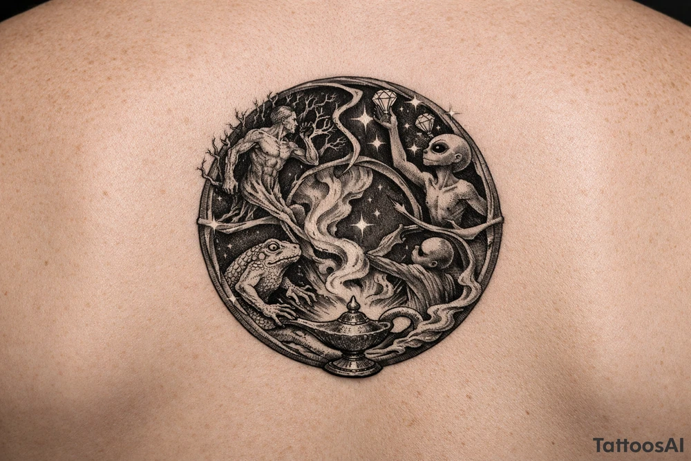 A man turning into a tree then sprouting into a frog from then evolving into a alien then reaching for the stares and grabbing diamonds out of the sky then getting sucked into a gene lamp cycle circle tattoo idea