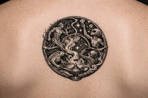 A man turning into a tree then sprouting into a frog from then evolving into a alien then reaching for the stares and grabbing diamonds out of the sky then getting sucked into a gene lamp cycle circle tattoo idea