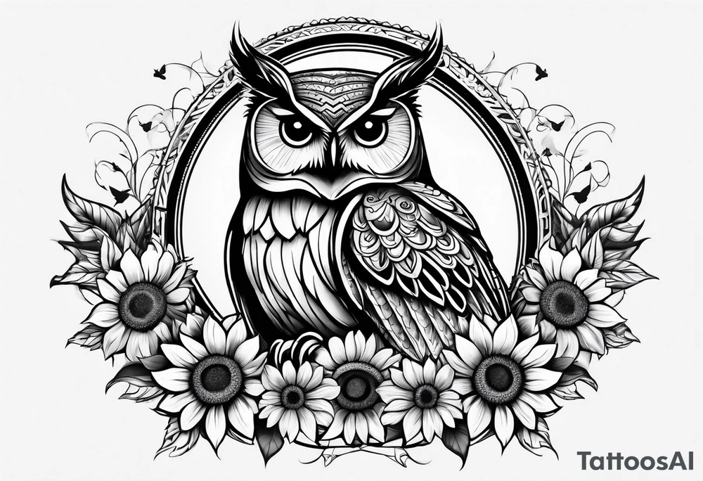 Owl sunflower and butterfly half sleeve tattoo idea