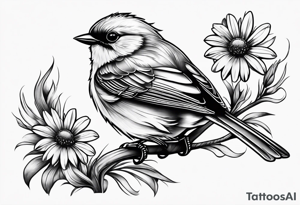 Small bird perched in grass with a daisy tattoo idea