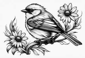 Small bird perched in grass with a daisy tattoo idea
