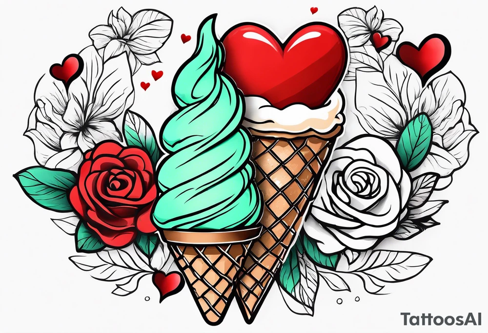 simple mint chocolate chip ice cream cone with small red heart on it somewhere. tattoo idea