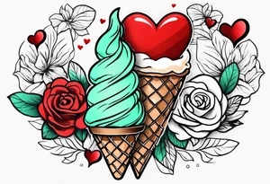 simple mint chocolate chip ice cream cone with small red heart on it somewhere. tattoo idea