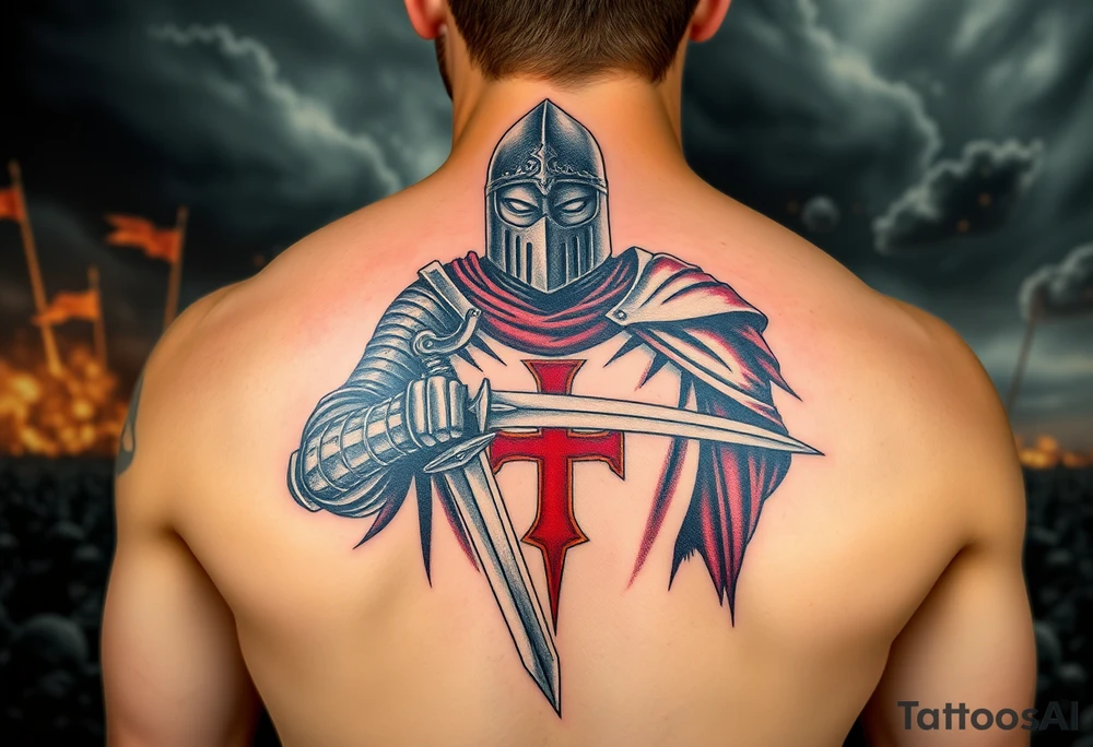 A fierce Templar knight in full armor, gripping a longsword, with a red cross emblazoned on his white tunic, standing against a stormy battlefield. tattoo idea