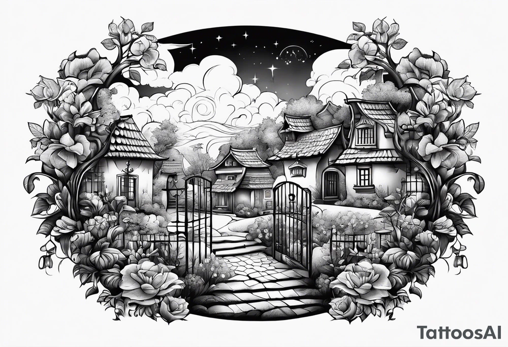 night ancient town  garden many small houses gate entrance 
 in circle vignette surrounded by clouds floral tattoo idea