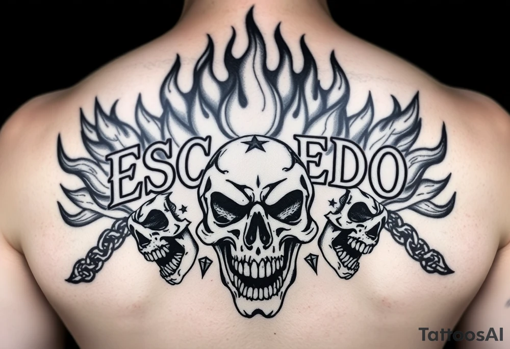 ‘Escobedo’ bold across upper back, untouched. Black flame outlines rise behind. Chains flow through flames. Cracked, snarling, and screaming skulls with Aztec details. Sharp, clean, stencil-only linework. tattoo idea