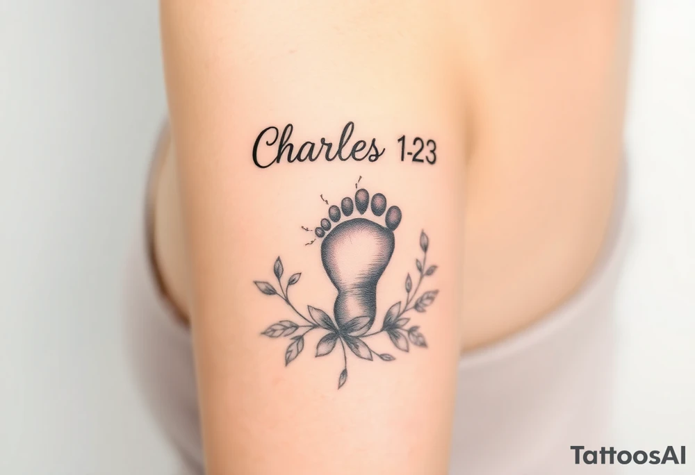 baby footprint print with the name Charles above it, the date 1-14-23 below it and surrounded by floral vines on a forearm tattoo idea