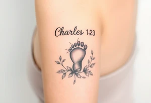 baby footprint print with the name Charles above it, the date 1-14-23 below it and surrounded by floral vines on a forearm tattoo idea