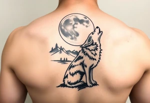 lone wolf howling at full moon with northern lights backdrop tattoo idea