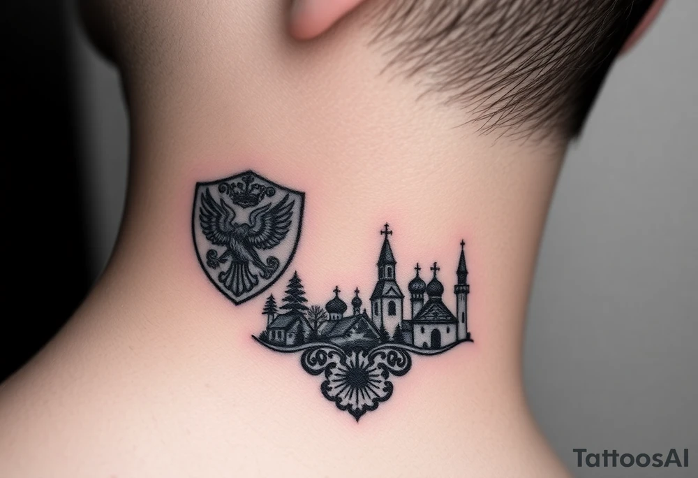 Traditional authentic Russian coat of arms with a Christian orthodox virgin marry in the middle and silhouette in a Russian wilderness Christian orthodoxy dome church village setting on the side of my neck tattoo idea