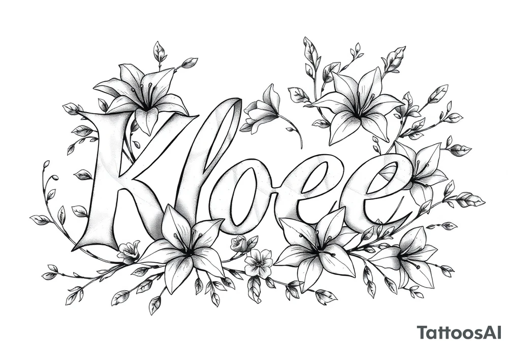The word Kloee surrounded by lilies with the vines in letters tattoo idea