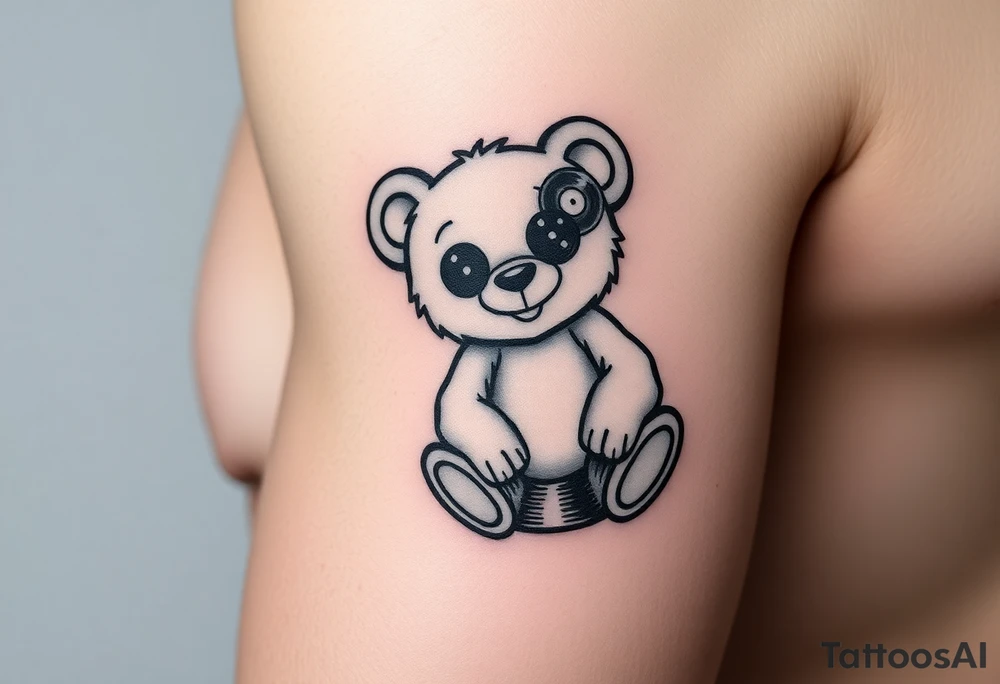 minimalist teddy bear with vinyl records as eyes smiling and sitting on a record tattoo idea