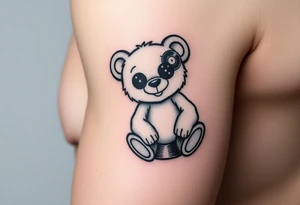 minimalist teddy bear with vinyl records as eyes smiling and sitting on a record tattoo idea