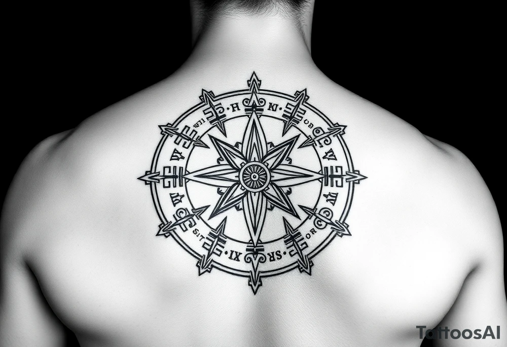 Create a line work Viking compass using symbols for protection, wisdom, and knowledge from both the Aztec and Viking cultures. Make the image very simple and able to print. Outline only not a lot of thick black use Elder Futhark runes for protection, wisdom and luck. tattoo idea