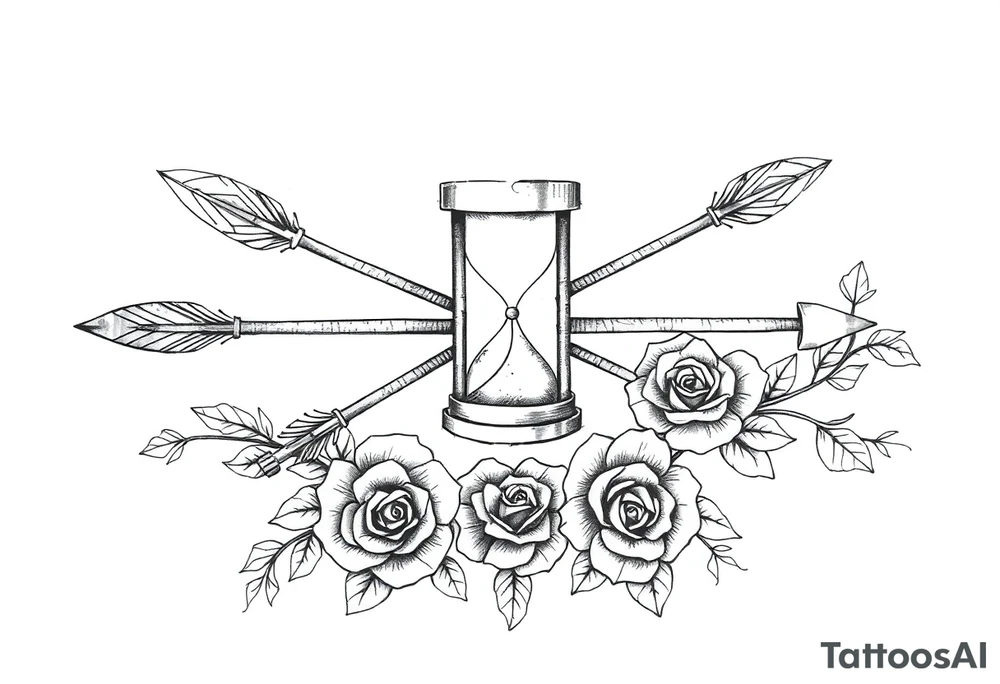 Detailed arrows with hourglass and compass over top and beautiful rose vines around tattoo idea