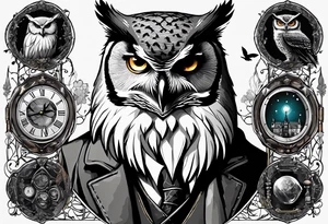 Elder want surrounded by Harry Potters glasses, an owl, the scar, a time-turner tattoo idea