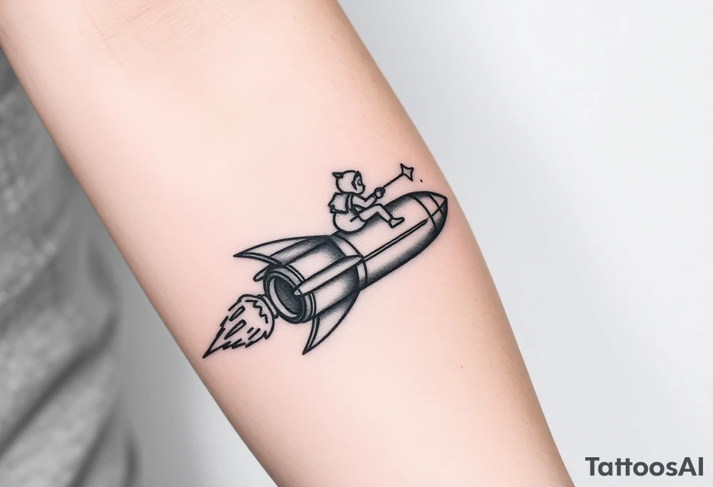 Rocket ship with sparks coming out of the back and someone riding it tattoo idea