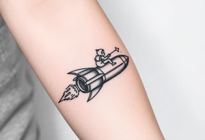 Rocket ship with sparks coming out of the back and someone riding it tattoo idea