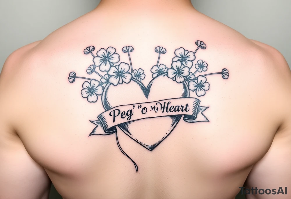 Bunch of shamrocks with a big heart and a banner across the heart that says " Peg 'o My Heart " tattoo idea