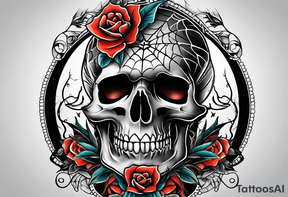 Traditional knee tattoo with skull and spider tattoo idea