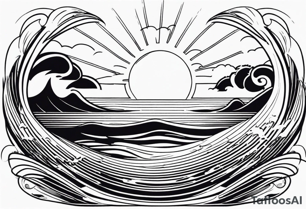 Hawaian beach with a big sun and many waves, only black and white tattoo idea