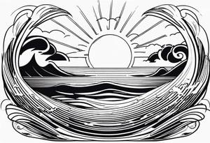 Hawaian beach with a big sun and many waves, only black and white tattoo idea