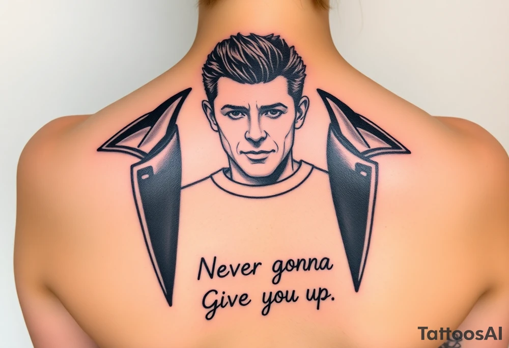 Rick Astley's Face, shoulders, Arms, Black jacket, Black and White stripe T-shirt outline with text "Never Gonna Give You Up" tattoo idea