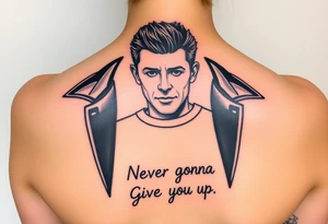 Rick Astley's Face, shoulders, Arms, Black jacket, Black and White stripe T-shirt outline with text "Never Gonna Give You Up" tattoo idea