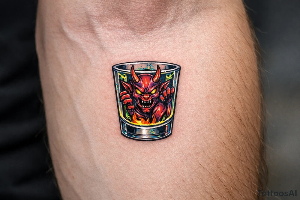 A small, detailed demon trapped within a clear shot glass. tattoo idea