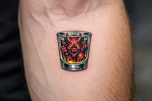 A small, detailed demon trapped within a clear shot glass. tattoo idea