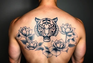 fierce tiger emerging through blooming lotus flowers in mist tattoo idea