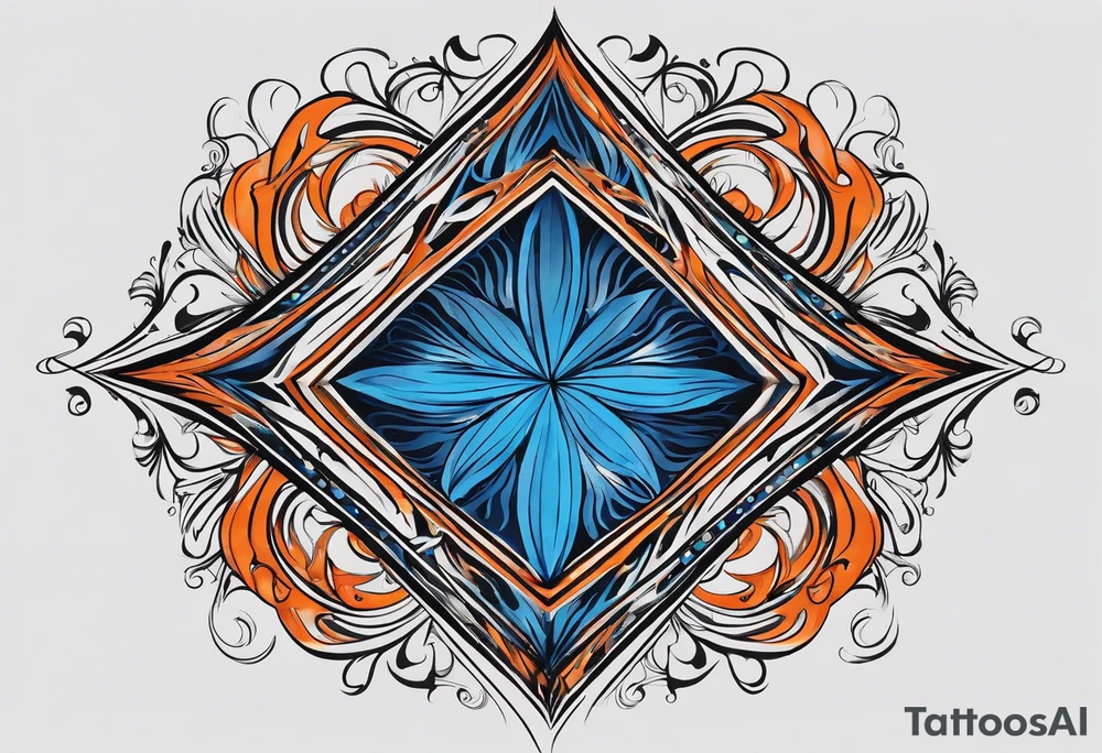 Blue and orange flame that has a half square thin line border. Make it as small as possible. The tattoo should be the size of a half dollar coin. tattoo idea