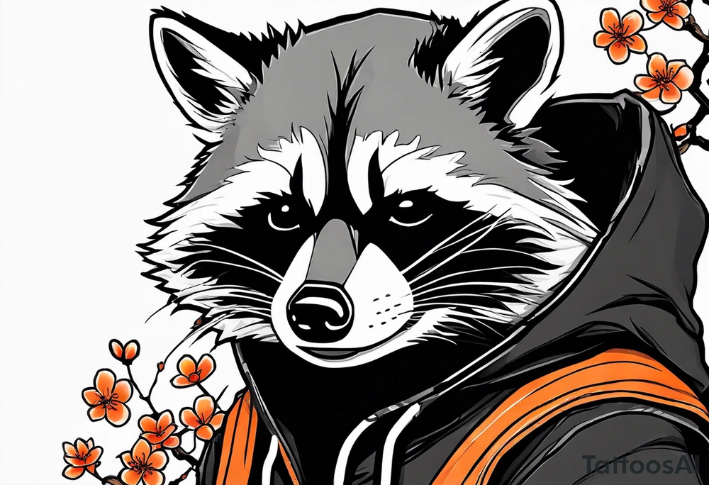 Raccoon wearing a white Superman logo on a black hoodie and orange Japanese cherry blossoms tattoo idea