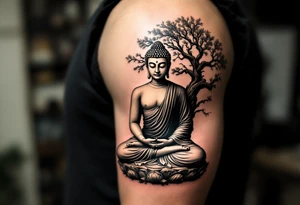 Buddha Sitting in Meditation – The iconic seated posture under the Bodhi tree, in soft sepia, black and gray, or gold ink. tattoo idea