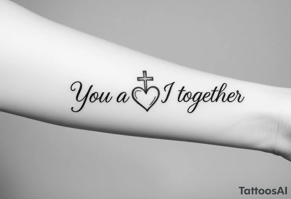 "You and I together" with a cross and a heart integrated into the design tattoo idea