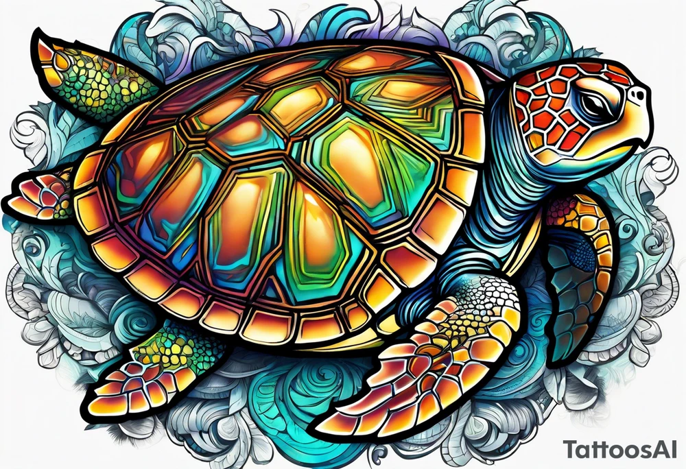 tropical psychedelic turtle, aerial view, from above, high perspective tattoo idea