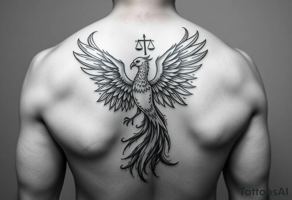Side arm tattoo with the phoenix rising from the ashes linked with libra sign and based on discipline and the help of God tattoo idea