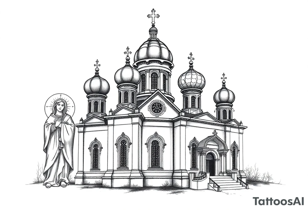 Russian orthodox church with bulb domes with a prominent russian orthodox style virgin mary stood outside to the left tattoo idea