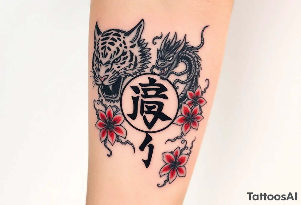 Fierce tiger and dragon surrounding Japanese symbol for “love” while being surrounded with red spider lily’s and smoke tattoo idea