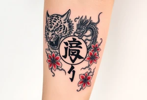 Fierce tiger and dragon surrounding Japanese symbol for “love” while being surrounded with red spider lily’s and smoke tattoo idea