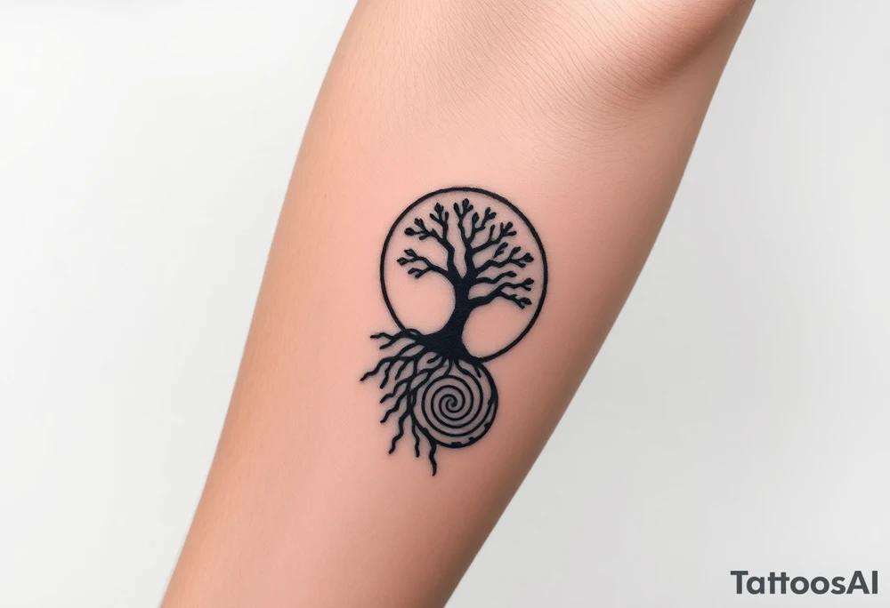 Tree inside of sun, spiral circle roots. A spiral line moving to the right tattoo idea