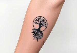 Tree inside of sun, spiral circle roots. A spiral line moving to the right tattoo idea