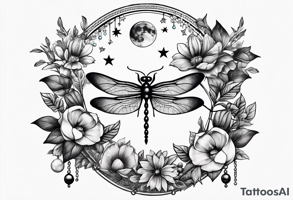 Floral moon phases with dragonfly and chain with stars in a line tattoo idea