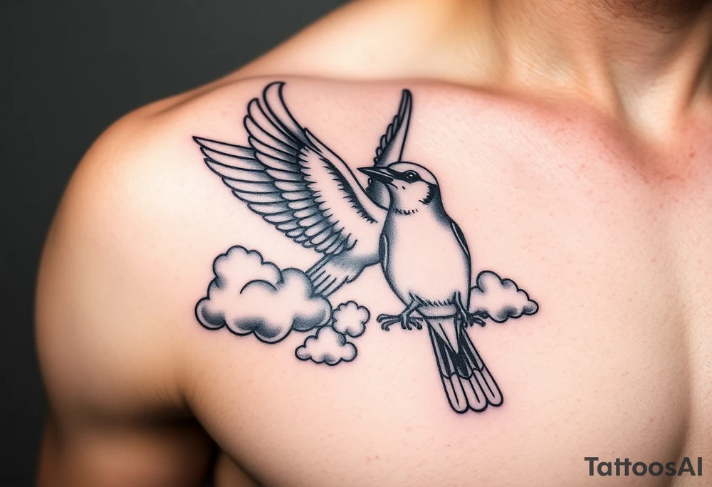 Dove and a blue jay, clouds, shining light to or from heaven tattoo idea