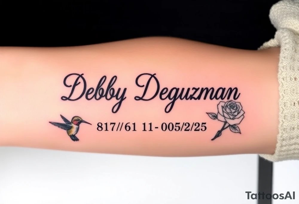 Tattoo of the exact name Debby Deguzman in chunky curly cursive with the exact dates of 08/17/61-05/29/25 surrounded by 1 hummingbird and 1 rose tattoo idea