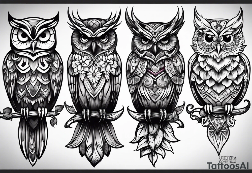 Small owl with butterfly and sunflower leg sleeve tattoo idea