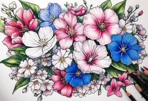 Realistic cherry blossom, delphinium, morning glory, and cosmos flowers together on a leafy sprig tattoo idea