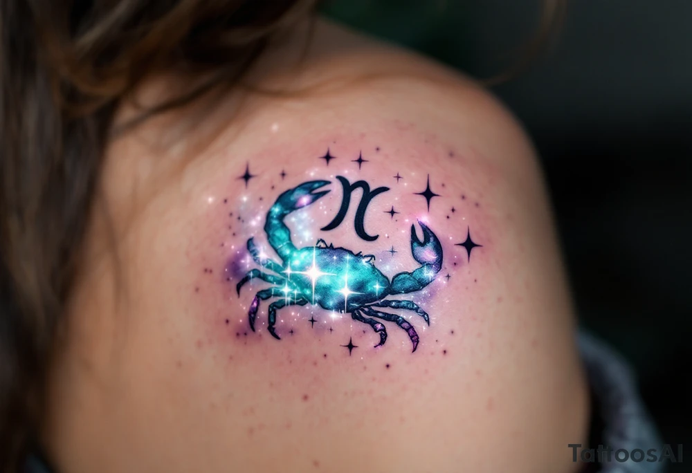 nebula-inspired Cancer constellation shines in metallic teal and lilac beside a glowing zodiac sign tattoo idea