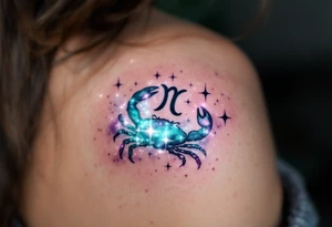 nebula-inspired Cancer constellation shines in metallic teal and lilac beside a glowing zodiac sign tattoo idea